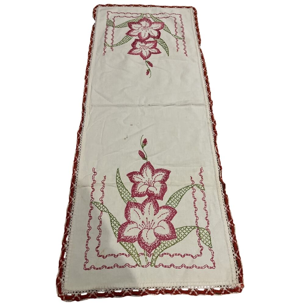 Vtg Ivory Embroidered Floral Linen Cotton Blend Crochet Edging Table Runner 39”